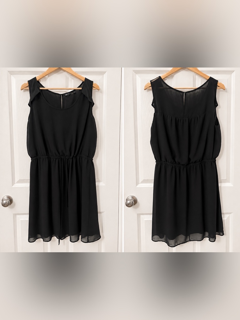 Reitmans Black Chiffon Sleeveless Mini Dress with Drawstring Waist